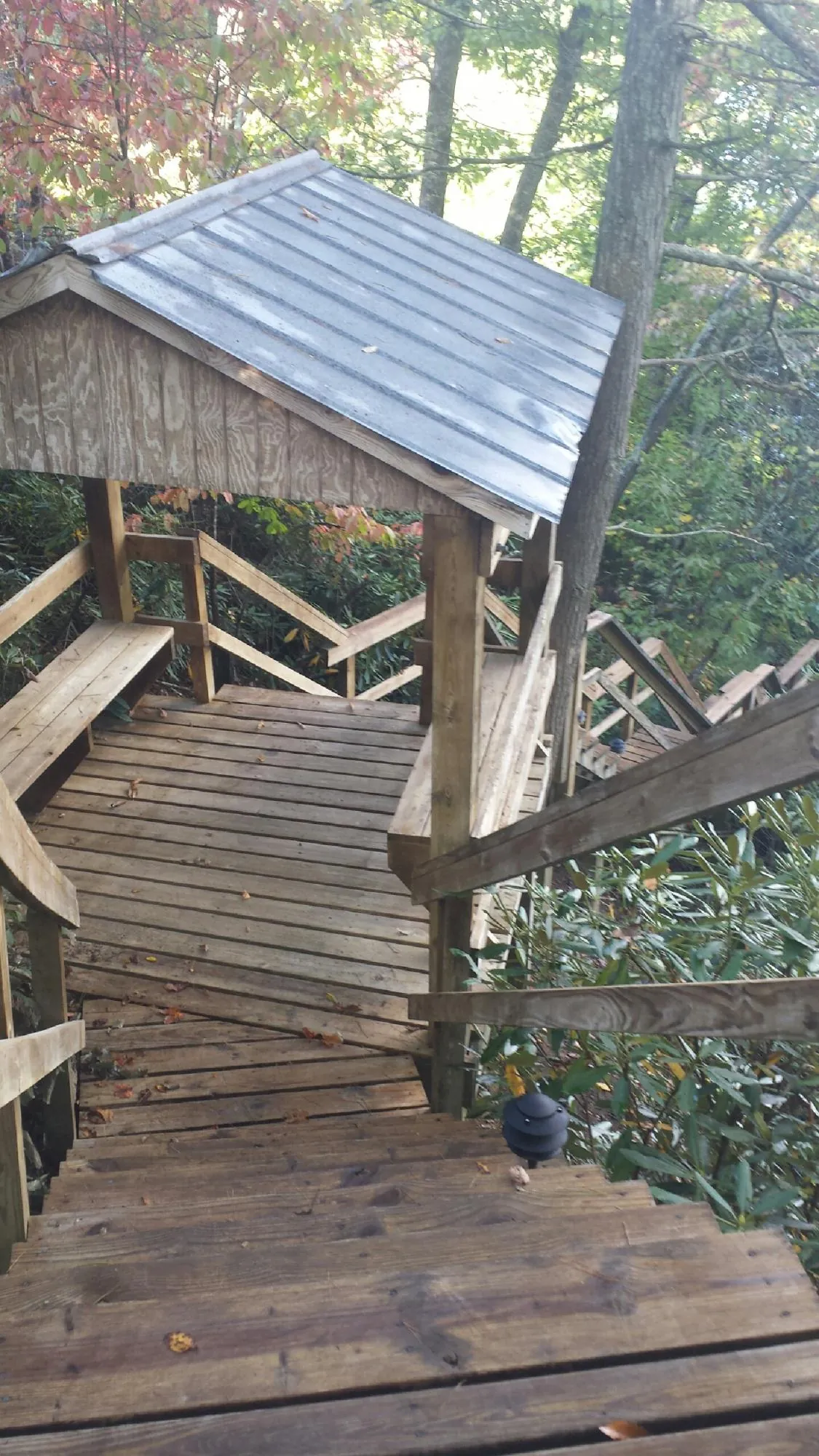 Metal roofed shelter over wooden steps on a wooded walkway — Skylight Repair & Installation work by our crew in Saint Henry